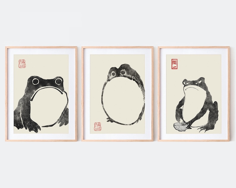 Japanese Frog Matsumoto Hoji Toad Set of 3 Woodblock Art Print | Japanese Art, Japanese Poster, Matsumoto Hoji 松本奉時 Frog Exhibition Poster