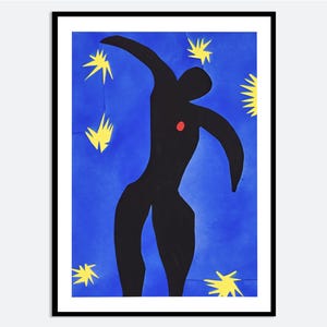 May include: A black silhouette of a person dancing against a bright blue background with yellow star-shaped accents.