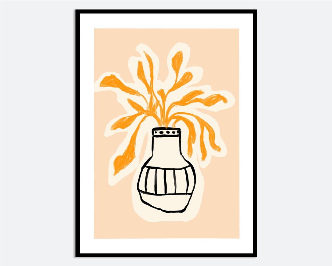 Abstract Orange Flowers Wall Art Print | Hand Drawn Modern Botanical ...