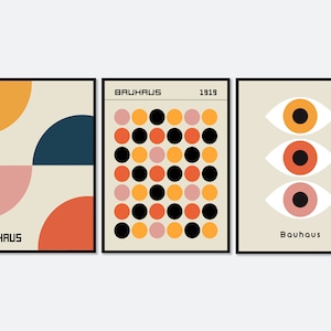 Bauhaus Geometric Eyes Dots Shapes Color Block Set of 3 Art Print | Bauhaus 1919 Print, Mid Century Bauhaus Poster, Minimalist Gallery Wall