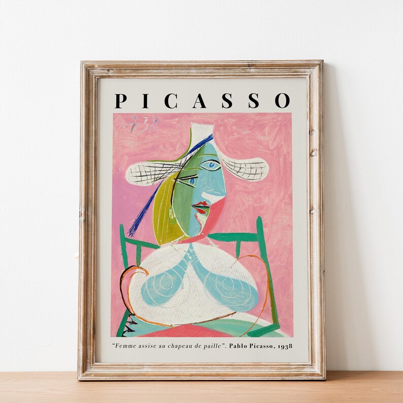 Pablo Picasso Femme Assise au Chapeau de Paille (Marie-Thérèse) Pink Abstract Cubism Painting Vintage Poster Wall Art Print | Seated Woman in Straw Hat, Girl Portrait, SugarnCanvas Printed Shipped Mailed Fine Art Print
