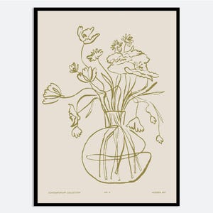 Impresión de arte mural con flores en un jarrón / Ilustración botánica contemporánea dibujada a mano, póster floral de estética moderna, flores de líneas minimalistas MA141