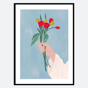 Mädchen mit Blumen Ästhetische Wand Kunst Druck | Zeitgenössische moderne handgezeichnete Illustration, Blau Bunt Frühling Sommer Blumen Poster MA28