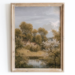 Rustic Vintage European Country Cottage Garden Flower Trees Pond Oil Painting Art Print, Landscape Poster, Antique Moody Farmhouse VP50