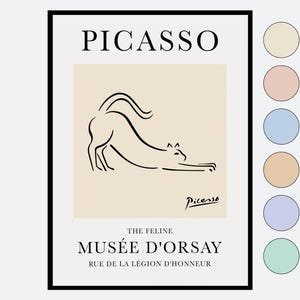 Peut inclure: Une affiche rectangulaire présentant un dessin au trait noir d'un chat qui s'étire sur un carré beige. Le texte indique PICASSO, THE FELINE, MUSÉE D'ORSAY, RUE DE LA LÉGION D'HONNEUR, et une signature. Six cercles colorés sont alignés à droite.