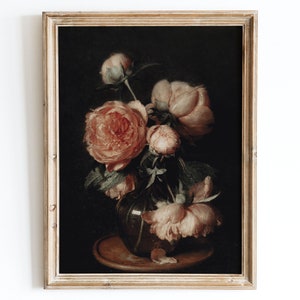 Lámina artística de flores vintage europeas en jarrón, pintura al óleo rústica vintage, póster neutro, peonías de Eduard von Grützner, pintura famosa VP06