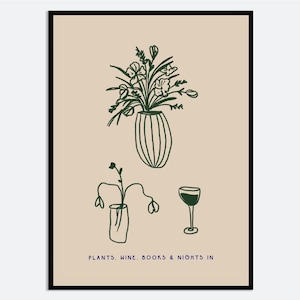 Impresión de arte mural con copa de vino y florero / Ilustración minimalista dibujada a mano, póster moderno y acogedor para una noche en casa, decoración contemporánea MA109