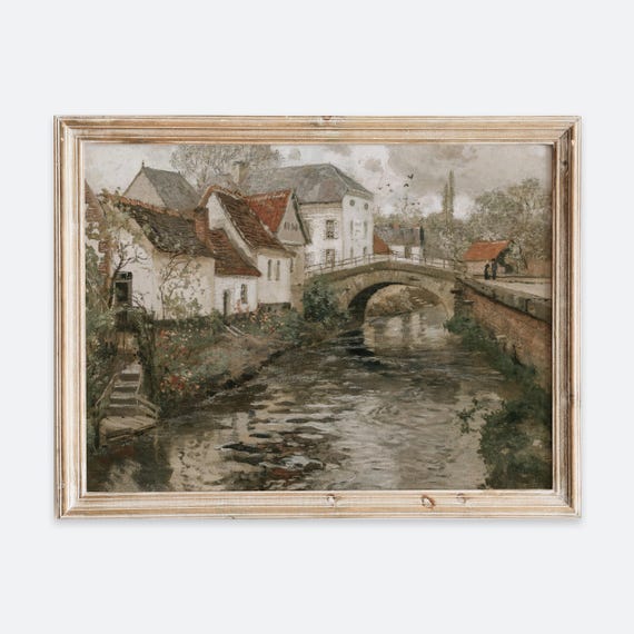 素朴なヴィンテージヨーロッパの小さな町の水路の油絵ウォールアート