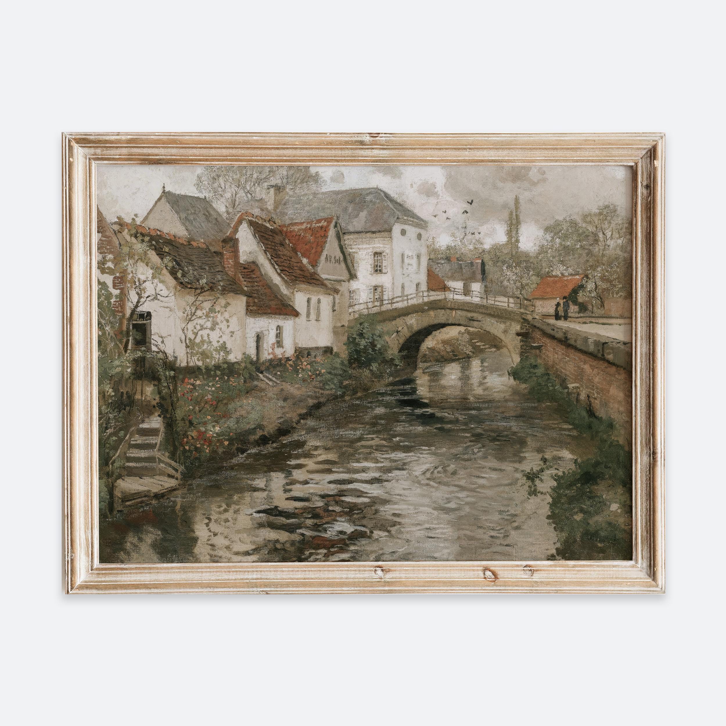素朴なヴィンテージヨーロッパの小さな町の水路の油絵ウォールアート