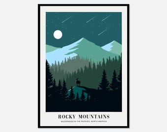 Deer in Wilderness in Rocky Mountains Colorful Boho Art Print | Abstract Landscape Illustration, Mountains Forest Print, Travel Poster #TA10