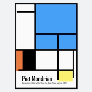 Piet Mondrian Remaster Composition Large Blue Plane Red Black Yellow Gray Abstract Wall Art Print | Bauhaus Geometric Lines Color Block PM03