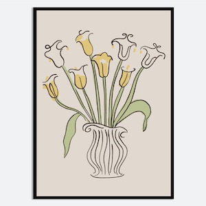 Impresión de arte mural con líneas de tulipanes amarillos en jarrón, ilustración de primavera y verano dibujada a mano, póster floral estético moderno y contemporáneo MA83