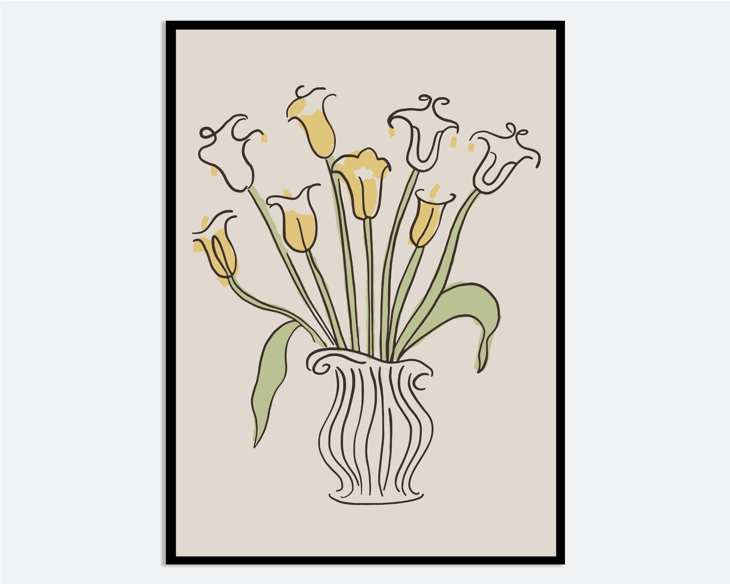Impresión de arte mural con líneas de tulipanes amarillos en jarrón, ilustración de primavera y verano dibujada a mano, póster floral estético moderno y contemporáneo MA83
