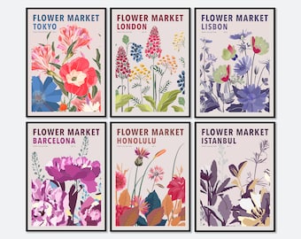 Bloemenmarkt bloemenset van 6 kleurrijke botanische kunstafdrukken | Lentebloemen print, lente bloemenkunst print, bloemen print, wilde bloemen print