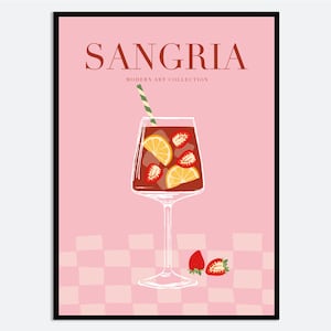 サングリアカクテル カラフルなアルコールドリンクバーカート ウォールアートプリント | クラシックカクテル、ミニマリスト幾何学模様ピンクレッドキッチン装飾 MA04
