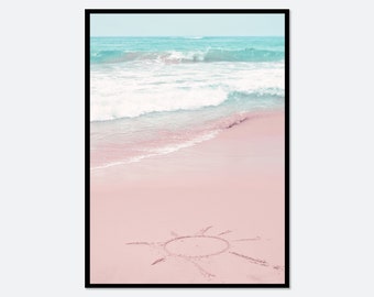 Pink Beach Ocean Waves Art Print | Ocean Coastal Print, Pastel Pink Beach Print, Tropical Summer Beach, Landscape Art, Boho Wall Decor #S429