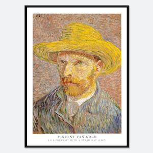Van Gogh Self Portrait with a Straw Hat 1887 Vintage Exhibition Poster Art Print | Vincent Van Gogh Poster, Van Gogh Portrait Painting #V33