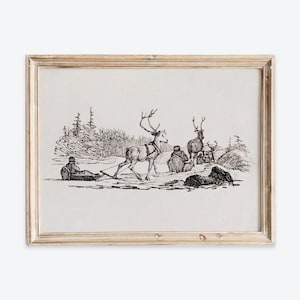 Vintage Europäische Rustikal Winter Reindeer Schlitten Bleistift Skizze Zeichnung Wand Kunst Druck, Line Art Poster, Antike Neutrale Landschaftsdekor VP238