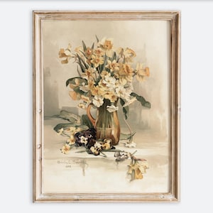 Impresión artística de pared con flores de narciso y junquillo amarillo vintage europeo en jarrón, naturaleza muerta, pintura rústica, póster de granja antigua con un toque de humor VP140