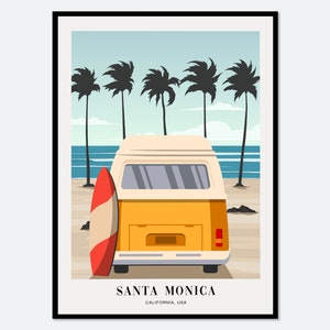Camioneta camper vintage junto a la playa en Santa Mónica, California. Impresión artística bohemia colorida / Póster de surf, impresión de playa costera, póster de viaje #TA14