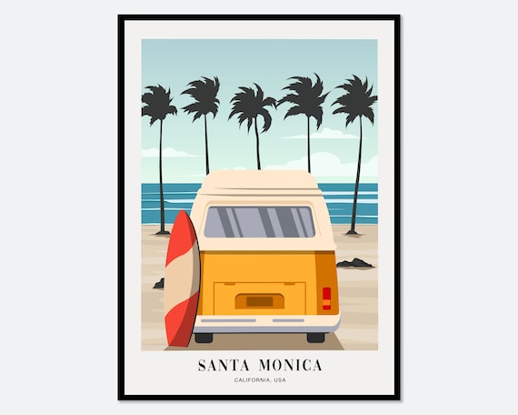 Vintage Camper Van by Beach in Santa Monica California Colorful Boho Art Print | Surfing Poster, Coastal Beach Print, Travel Poster #TA14