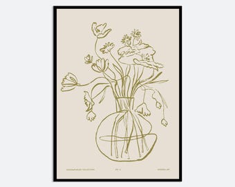 Flowers in Vase Wall Art Print | Hand Drawn Contemporary Botanical Illustration, Modern Aesthetic Floral Poster, Minimal Line Flowers MA141
