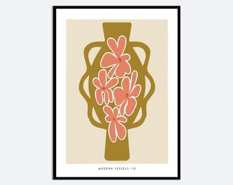 Abstract Gold Vase Pink Flowers Wall Art Print | Contemporary Floral Illustration, Modern Aesthetic Poster, Colorful Botanical Art FM153