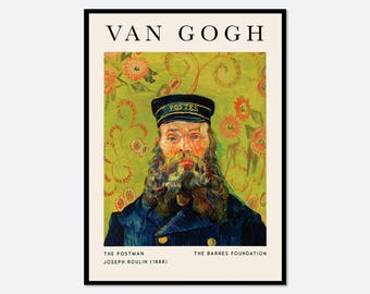 May include: A framed art print featuring Vincent van Gogh's portrait of The Postman Joseph Roulin. The subject wears a dark blue uniform and a cap with the word POSTES. The background is a vibrant green with stylised floral patterns.