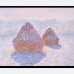 May include: An oil painting depicting two haystacks in a snowy field. The haystacks are rendered in shades of orange, yellow, and purple, casting long blue shadows across the white, textured ground under a pale, soft pink and light blue sky.
