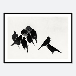 May include: Black and white ink drawing of a flock of birds. The birds are in a cluster on the left side of the image, and a single bird is on the right side of the image.
