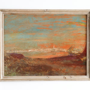 European Vintage Colorful Art Print, Rustic Vintage Oil Painting, Neutral Coastal Landscape Poster, Odilon Redon, Paysage Italien OR16
