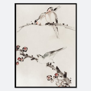Katsushika Hokusai tre uccelli appollaiati sui rami, uno con fiori Stampa artistica xilografia giapponese vintage / 葛飾北斎, Poster giapponese KT07