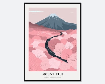 Cherry Blossoms Mount Fuji Japan Colorful Boho Art Print | Abstract Landscape Illustration, Flowers Print, Floral Print, Travel Poster #TA05