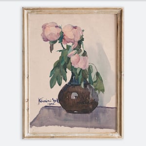 Impresión artística de pared con peonías rosas vintage en jarrón, bodegón, pintura floral rústica neutra colorida, póster de estilo rústico antiguo VP364
