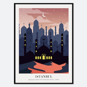 Mosquées Istanbul Turquie Croissant de lune islamique coloré impression d'art Boho Illustration de paysage urbain, impression d'architecture de ville, affiche de voyage TA19 image 1