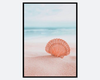 Shell on Pink Beach Ocean Waves Summer Art Print | Nature Photography, Pastel Pink, Landscape,Scandinavian Wall Decor,Boho Wall Decor #S192