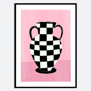Jarrón geométrico de cuadros blancos y negros, abstracto, rosa, estético, cocina, bodegón, impresión artística de pared / Póster con ilustración minimalista dibujada a mano MA19