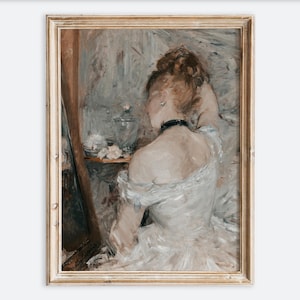 Vintage Rustic Woman in Front of Mirror Portrait Painting Wall Art Print, Antique Sitting Woman Poster, Moody Dark Neutral Farmhouse VP139
