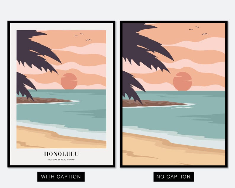 Waikiki Beach Honolulu Hawaii Colorful Boho Art Print | Abstract Landscape Illustration, Coastal Beach Print, Tropical Travel Poster #TA11 image 2