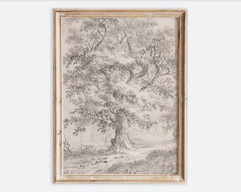 Vintage European Rustic Neutral Oak Tree Pencil Sketch Drawing Wall Art Print, Tree Line Poster, Antique Moody Neutral Landscape Decor VP75