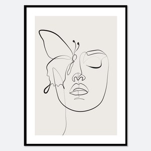 Single Line Woman Head of Butterflies Line Art Print | One Line Drawing Face Art, Minimalist Line Art, Continuous Line Drawing #LA33