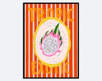 Dragon Fruit Wall Art Print | Hand Drawn Contemporary Fruit Illustration, Modern Aesthetic Kitchen Poster, Tropical Summer Decor MA189