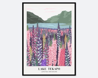 Lupins Field Lake Tekapo New Zealand Colorful Art Print | Abstract Landscape Illustration, Flowers Print, Floral Print, Travel Poster #TA04