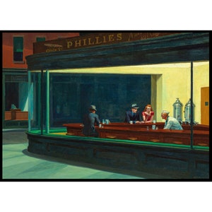Puede incluir: Una pintura que representa una escena de un restaurante de noche. El restaurante se llama "Phillies" y tiene un toldo verde. Cuatro personas están sentadas en la barra, con un camarero que les sirve. El restaurante está iluminado por una luz amarilla cálida, y la escena está pintada en un estilo realista.