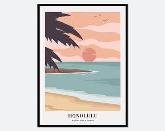 Playa Waikiki, Honolulu, Hawái. Lámina artística bohemia colorida / Ilustración de paisaje abstracto, lámina de playa costera, póster de viaje tropical #TA11