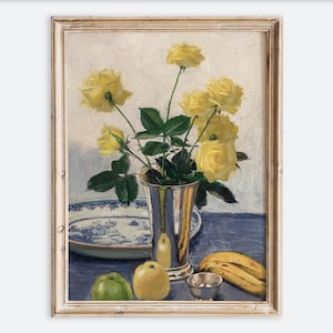 Impresión de arte de pared con rosas amarillas en jarrón, naturaleza muerta de frutas, pintura al óleo antigua rústica, póster de granja con tonos neutros y melancólicos VP145
