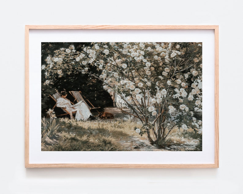 European Vintage Rose Garden Art Print, Rustic Vintage Oil Painting, Neutral French Garden Antique Poster, Peder Severin Krøyer Roses