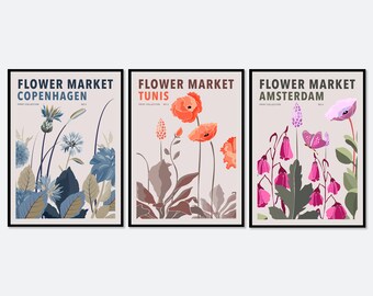 Bloemenmarkt bloemenset van 3 kleurrijke botanische kunstafdrukken | Lentebloemen print, lente bloemenkunst print, bloemen print, wilde bloemen print