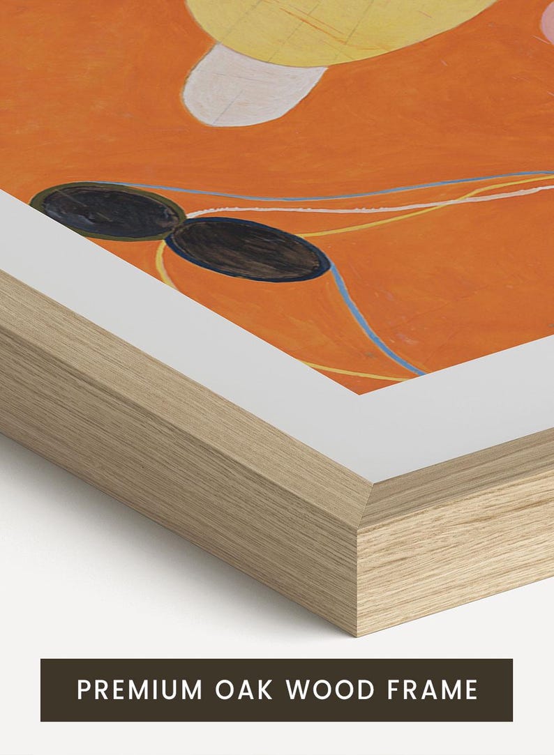 a wooden frame with a vibrant orange background and abstract shapes.