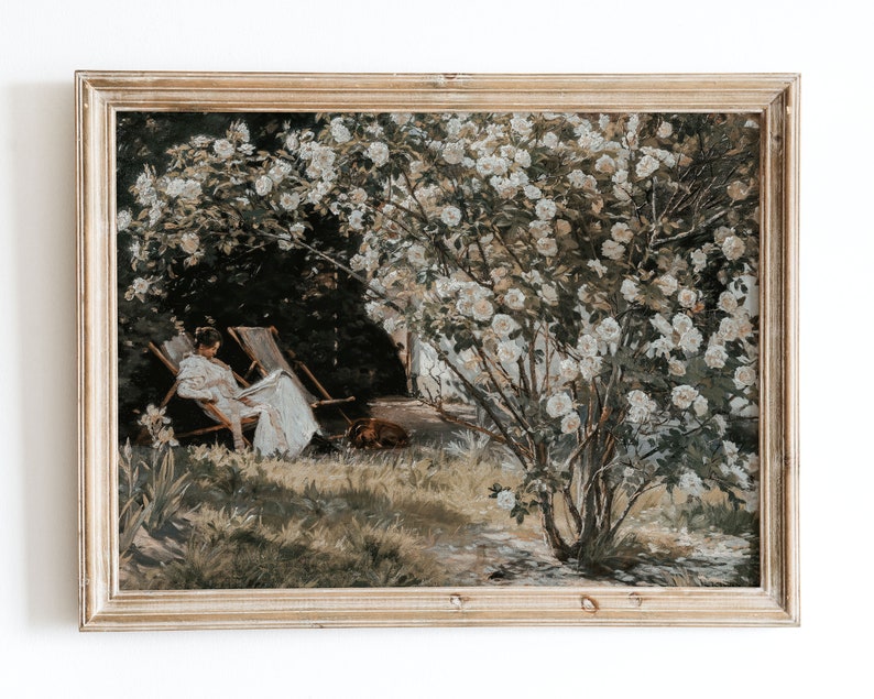 European Vintage Rose Garden Art Print, Rustic Vintage Oil Painting, Neutral French Garden Antique Poster, Peder Severin Krøyer Roses